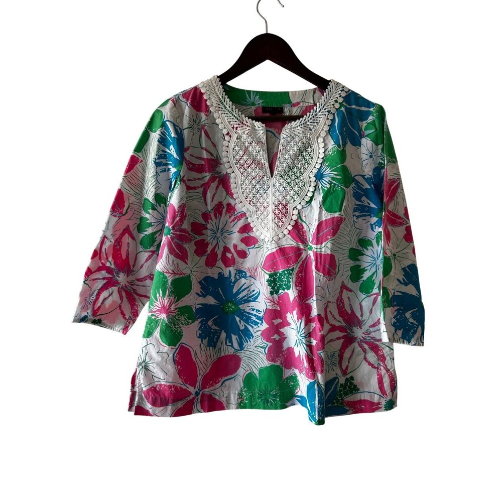 Talbots Lace Bib Tunic Top in pink Anguilla floral LARGE PETITES